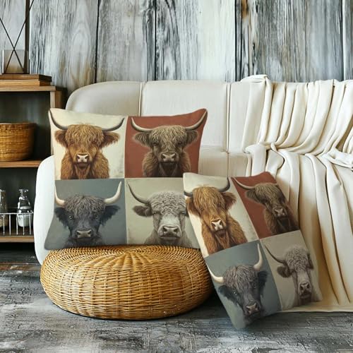 Highland Cow Throw Pillow Covers 18x18, Set of 2 Rustic Farmhouse Decor