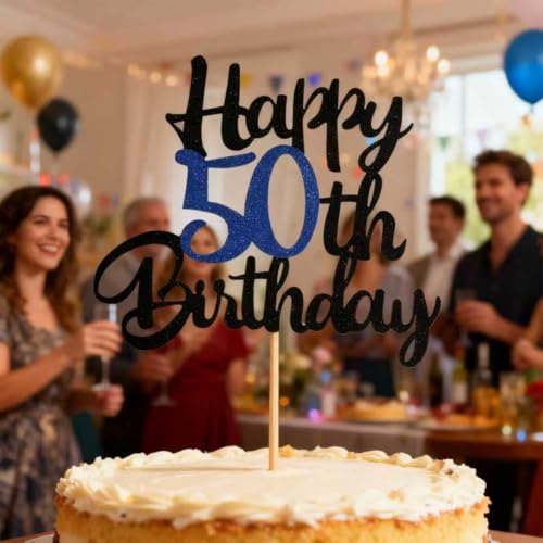 50th Birthday Cake Topper - Black & Blue Glitter Decoration