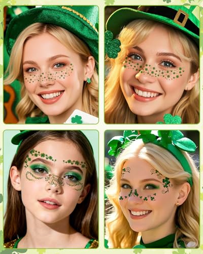St. Patrick's Day Face Tattoos - 18pcs Green Shamrock Glitter Stickers