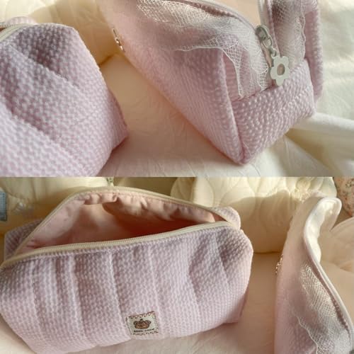 Seersucker Pink Striped Makeup Bag Quilted Cosmetic Pouch 7x3x3