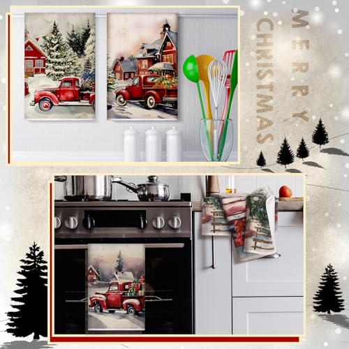 Christmas Kitchen Towels Red Truck Winter Decor - 6 Pcs with Variation Warm/Truck