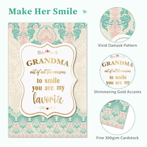 Vintage Mother's Day Card for Grandma – Teal & Gold Design, 5.5x8 Inch
