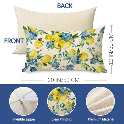 Lemon Floral Throw Pillow Cover 12 x 20 - Cotton Linen