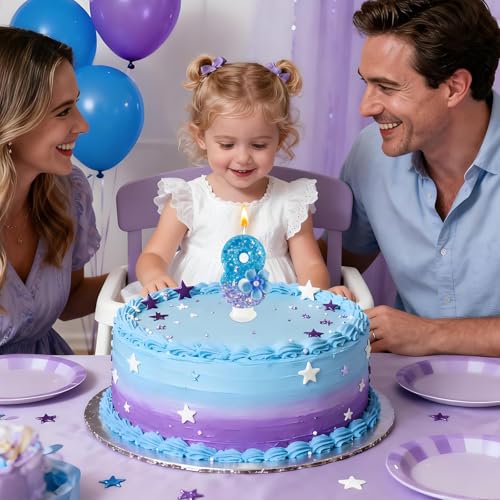Number 8 Blue Purple Flower Birthday Candle - Party Decoration