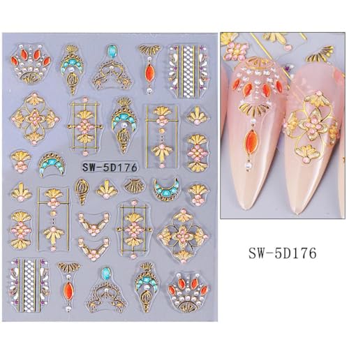 Bohemian Gold Star & Moon 5D Embossed Nail Stickers - 2 Sheets