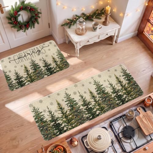 Christmas Kitchen Mats Set of 2 Non Slip Washable Pine Tree Christmas Rugs - Indoor Holiday Decor