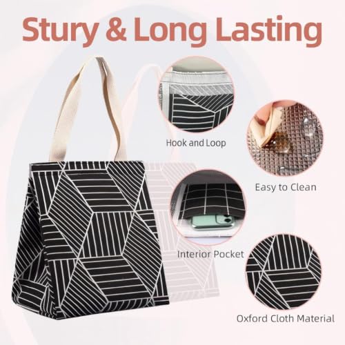 iknoe 9L Insulated Lunch Bag - Black Rhombus, Hook and Loop Closure Tote