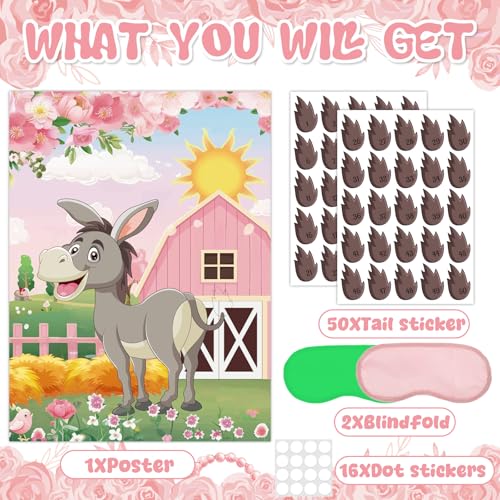 Pin the Tail on the Donkey Game - Floral Farm Party Decor with 50 Tails
