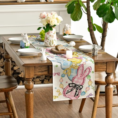 Easter Floral Bunny Table Runner 13x108 Inch Beige Spring Kitchen Decor