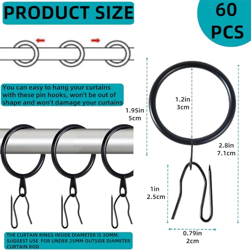 60 Metal Curtain Rings & Hooks Set - Durable Black 30mm Diameter