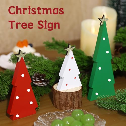 FINDRICH Green Indoor Christmas Tree Decorations Set - 3PCS Wooden Tabletop Holiday Centerpieces with Glitter Stars