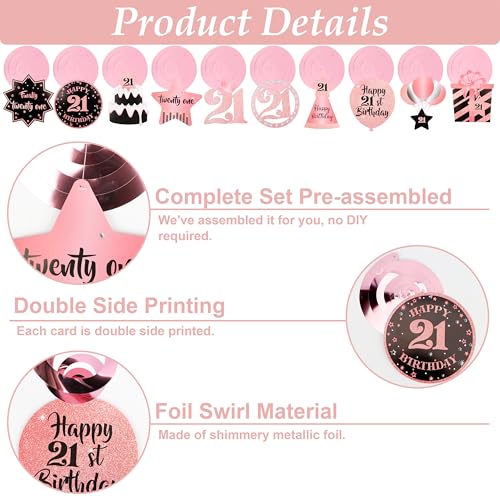 Rose Gold 21st Birthday Decorations Set - Pre-Assembled Banner & Swirls