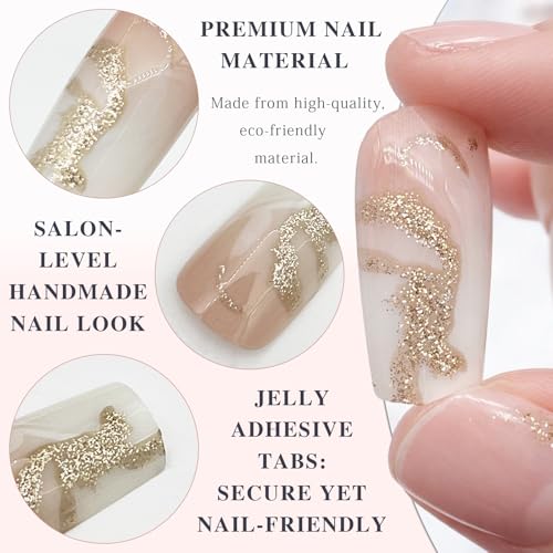 Yellow Ombre Medium Square Press On Nails with White Curve Lines & Gold Glitter (48PCS)
