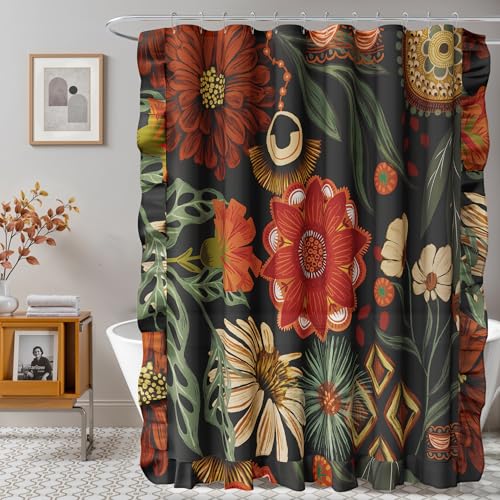 Crimson Shadow Boho Floral Shower Curtain Set - 72x72 Waterproof with Hooks