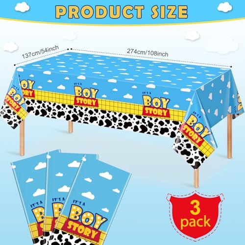 3 Pack Baby Shower Tablecloths - Blue Sky & Cow Print, 54x108