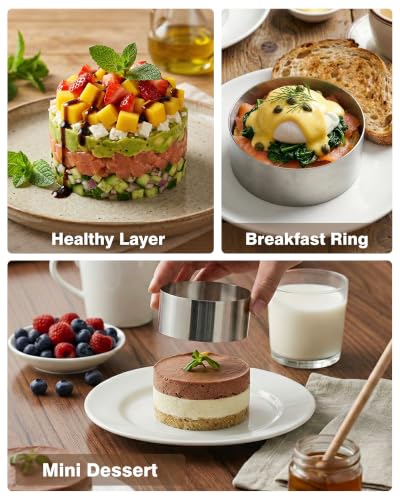 3-Inch Stainless Steel Egg & Food Ring Molds with Pusher for Baking & Plating