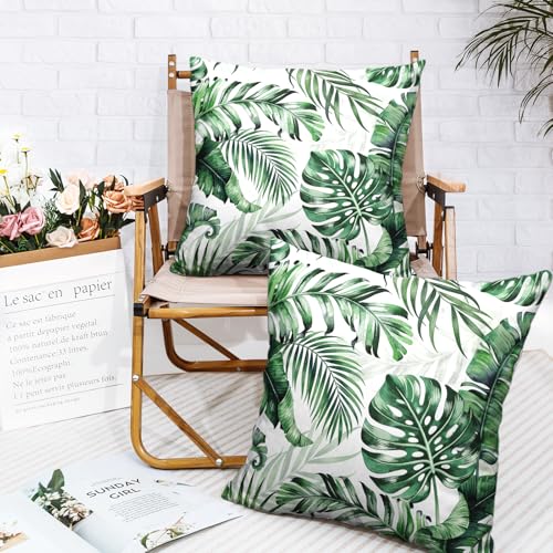 Tropical Palm Leaf Pillow Covers 18x18 Set of 2, Cotton Linen Throw Cases