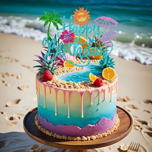 Tropical Hawaiian Luau Cake Topper | Glitter Palm Leaf Decoration