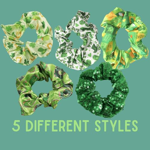 Needzo St. Patrick's Day Cotton Scrunchies 5-Pack Green Shamrock Hair Accessories