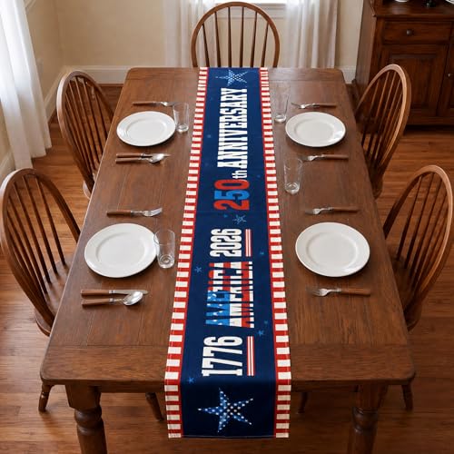 Patriotic 4th of July Table Runner 13x72" Linen Red White Blue