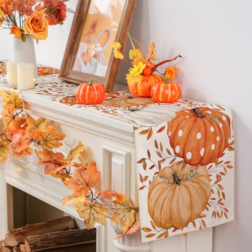 Fall Table Runner with Pumpkin Eucalyptus Design - 13x72 Inch Seasonal Decor