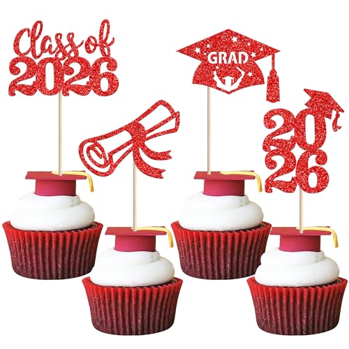2026 Graduation Cap Cupcake Toppers - 24 PCS Glitter Decorations