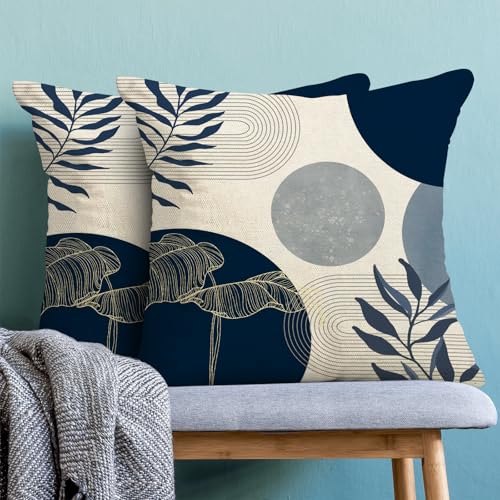 Boho Navy Blue Throw Pillow Covers 18x18 Set of 2 - Modern Linen Cushion Case