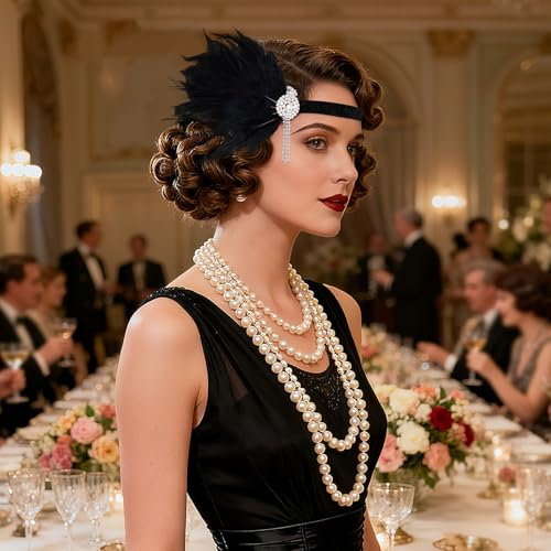 Black 1920s Flapper Headband Feather Headpiece for Women