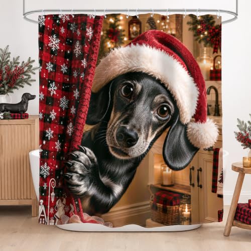 Christmas Dachshund Shower Curtain - Cute Holiday Bathroom Decor, 60"W x 72"L (Pack of 1) - Red & Green Festive Design