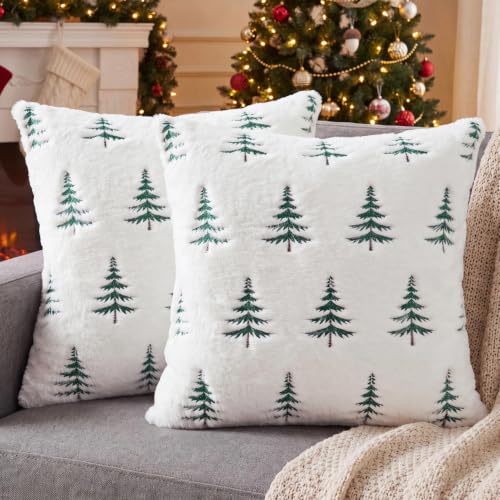 White Faux Fur Christmas Pillow Covers 18x18 Inches Set of 2 - Embroidered Tree