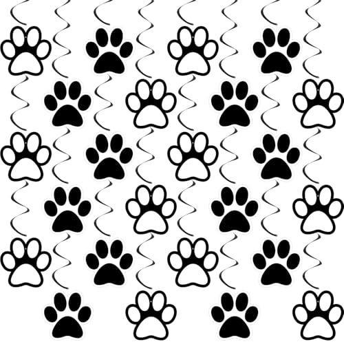 24 Pcs Black & White Dog Paw Prints Party Hanging Swirls