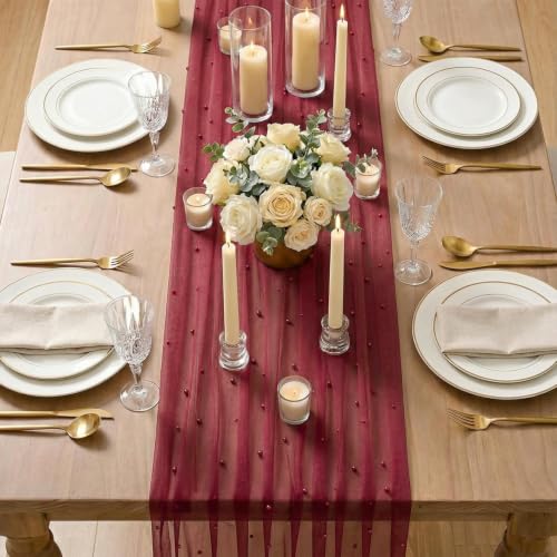 3-Pack Pearl Burgundy Gauze Table Runners 28x120 Inches Home Decor