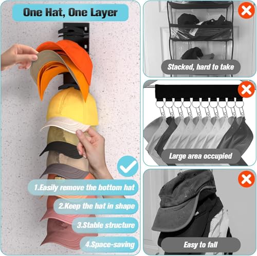 Hat Organizer for Wall - 2 Pack Black Cap Holder Holds 20 Hats