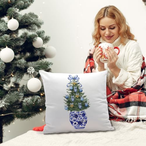 Chinoiserie Christmas Tree Pillow Cover - Blue Flannel 18x18