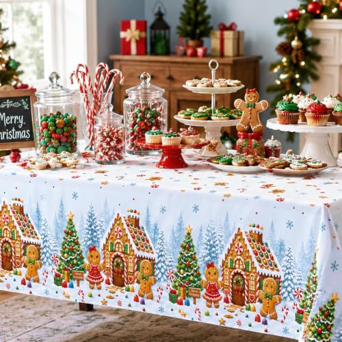 Christmas Gingerbread Tablecloths Set - Disposable Plastic Holiday Coverings