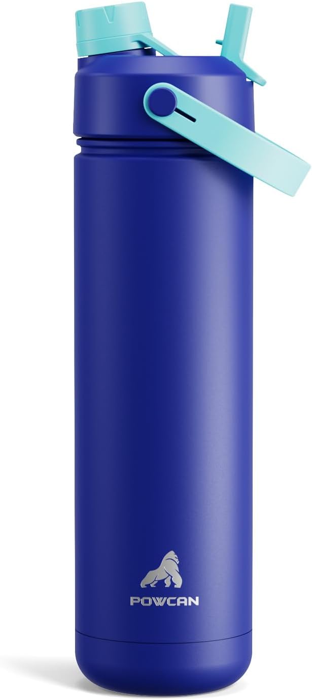 POWCAN 26 oz Insulated Water Bottle - 2-in-1 Straw & Spout Lid | Keeps Drinks Cold 24H, Leak-Proof, Fits Car Cup Holder (Coastline)