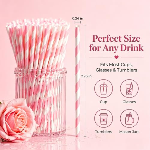 Haundry Pink Striped Paper Straws - 100 Count Biodegradable Party Straws