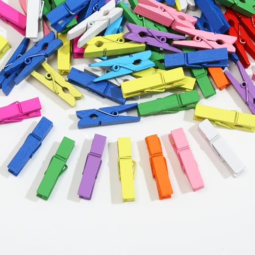 Colorful Mini Wooden Clothespins for Photos - 100pcs with Jute Twine
