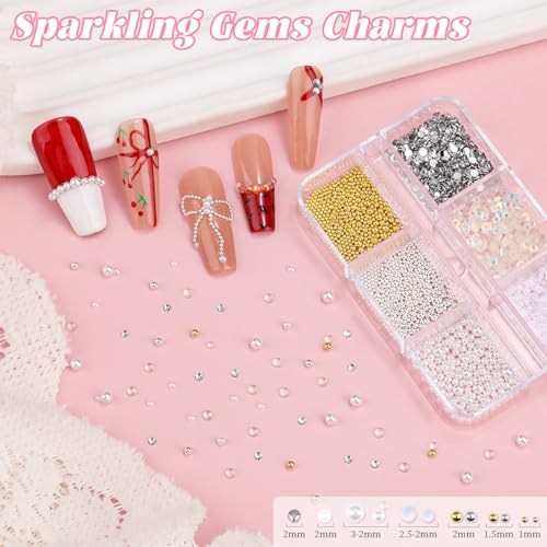 3D Bow & Flower Nail Charms Kit with Rhinestones and Pearls, 4 Boxes