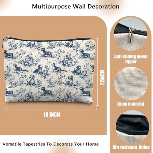 Chinoiserie Dachshund Makeup Bag Blue White Dog Canvas Toiletry Pouch