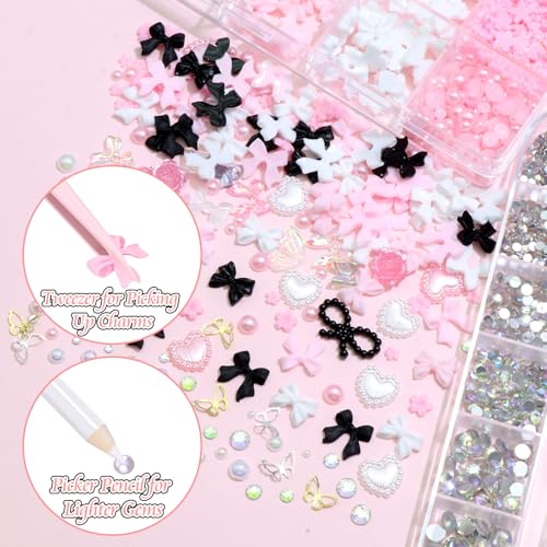 BELICEY 3D Nail Charms Set with Bows Flowers Crystals and Tools