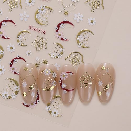 Floral Nail Art Stickers Daisy Flowers Rose Gold Moon Lace Decals 4Pcs
