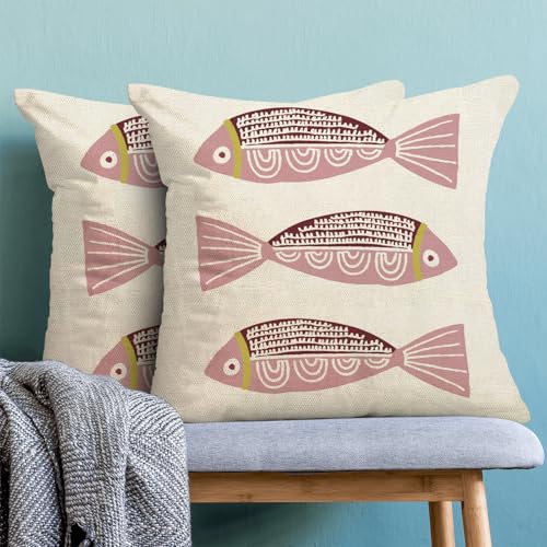 Coastal Pink Fish Pillow Covers 18x18 Inch Set of 2 - Nautical Throw Pillows for Home Decor