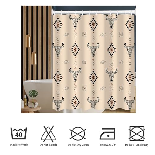 Western Aztec Shower Curtain - Vintage Bull Skull & Cowboy Hat, 72x72
