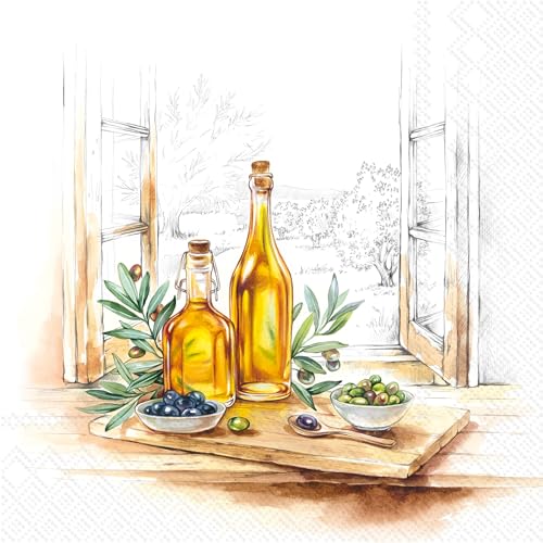 IHR Ideal Home Range 3-Ply Paper Cocktail Napkins, Olive Oil Design, 5x5 Inch, 20-Count