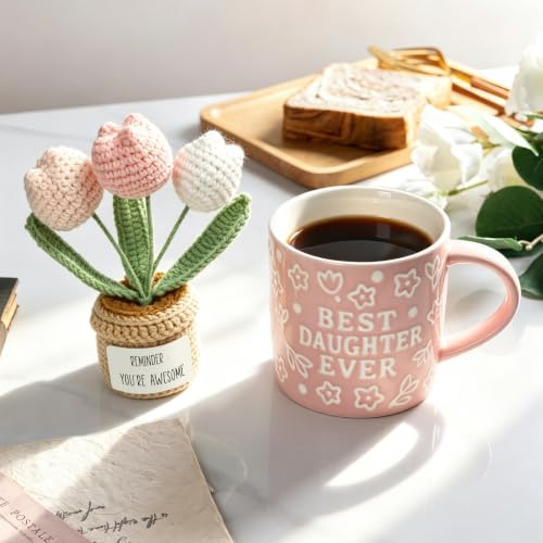 Best Daughter Embossed Ceramic Mug with Handmade Crochet Tulip Gift Set