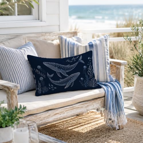 Coastal Whale Shark Lumbar Pillow Cover 12x20 - Navy Blue Beach Decor (Coastal-14)