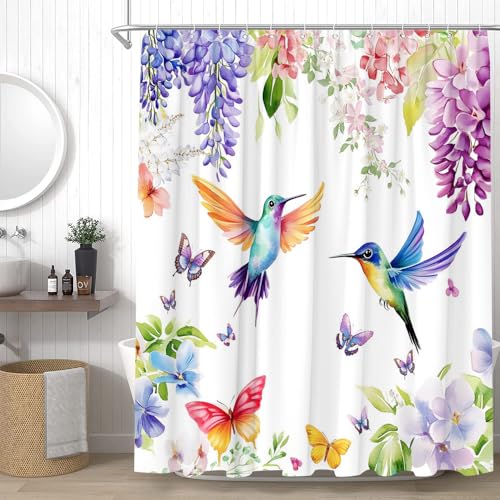 Watercolor Flowers Hummingbird Shower Curtain 70" x 70"