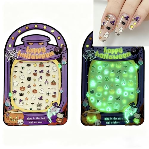 Glow in the Dark Halloween Nail Stickers - Pumpkin Ghost Bat Decals 2 Sheets