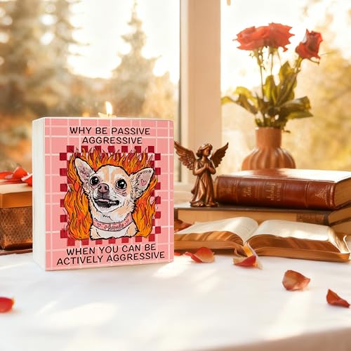 Funny Chihuahua Dog Wooden Sign | 5x5 Inch Pink Plaid Decor